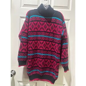 Vintage Stevemor Women Geometric Print Turtleneck Sweater Black Pink Blue Size M